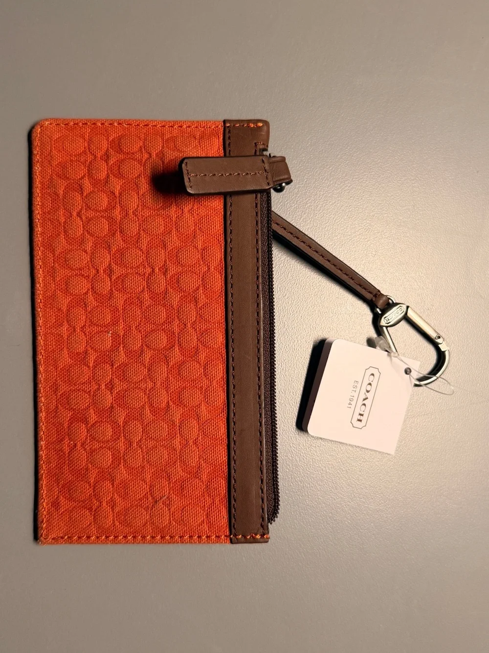 Coach Orange Canvas Zip Card Case with Brown Trim